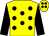 yellow, black spots, black sleeves, yellow cap, black spots