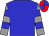 Blue body, grey arms, blue hooped, red cap, blue quartered