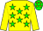 Yellow body, green stars, yellow arms, green cap, yellow stars