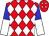 red, white diamonds, blue and white halved sleeves