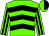 Dayglo green, black chevrons, striped sleeves, halved cap