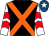 Black, orange cross belts, white and red chevrons on sleeves, royal blue cap, white star