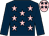 Dark blue, pink stars, dark blue sleeves, pink cap, dark blue stars