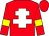 Red body, white cross of lorraine, red arms, yellow armlets, red cap