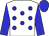 white , blue dots, sleeves and cap