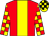 Red, yellow stripe, yellow and red check sleeves, yellow and black check cap