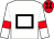 White, black hollow box, white sleeves, red armlets, red cap, black spots