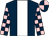 Dark blue, white stripe, dark blue and pink check sleeves, quartered cap
