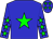 Blue body, green star, blue arms, green stars, blue cap, green stars