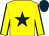 Yellow, dark blue star, yellow sleeves, dark blue seams, dark blue cap