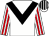 White, black chevron, white and red striped sleeves, white and black striped cap
