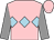 Pink, light blue diamond hoop, grey sleeves, pink cap