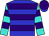 Blue, white, turquoise, purple hoops, hooped sleeves, purple cap, blue peak