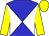 Blue and white quartered diagonally,yellow sleeves and cap