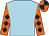 Light blue, orange sleeves, dark blue diamonds, quartered cap