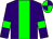 Purple body, green stripe, purple arms, green armlets, green cap, purple quartered