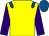 Yellow, royal blue epaulettes, purple sleeves, royal blue cap