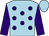 light blue, purple spots, purple sleeves, light blue cap