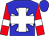 Blue, white maltese cross, red sleeves, white armbands, blue cap, white cross