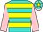 Turquoise and yellow hoops, pink sleeves, turquoise cap, yellow star, pink peak