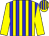 Yellow body, blue striped, yellow arms, yellow cap, blue striped