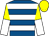 Royal blue, white hoops, yellow and white halved sleeves, yellow cap