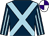 Dark blue, light blue cross sashes, striped sleeves, purple & white quartered cap