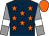 Dark blue, orange stars, grey sleeves, white armlets, orange cap