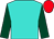 turquoise, dark green sleeves, red cap