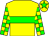 Yellow body, big-green hoop, yellow arms, big-green checked, yellow cap, big-green star