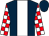 dark blue, white stripe, red and white checked sleeves