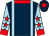 Dark blue, light blue braces and sleeves, red stars,collar and cuffs, dark blue cap, red star