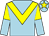 Light blue body, yellow chevron, yellow and light blue halved sleeves, light blue cap, yellow star