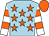 Light blue, orange stars, white & orange hooped sleeves, orange cap