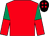 Red, emerald green and red halved sleeves, black cap, red spots