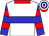 White, blue hoop, red collar, blue and red hooped sleeves, white and blue hooped cap, red peak