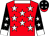 Red,white stars and collar,black sleeves,white stars and cuffs,black cap,white stars,red peak