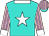 Turquoise, white star, pink and lilac striped sleeves and cap, white collar and cuffs, turquoise peak
