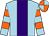 light blue, purple stripe, light blue and orange hooped sleeves, orange and light blue quartered cap