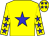 Yellow body, blue star, yellow arms, blue stars, yellow cap, blue stars