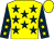 Yellow, dark blue stars, dark blue sleeves, yellow stars and cap