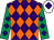 Purple and orange diamonds, emerald green sleeves, purple diamonds, white cap, purple diamond