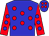 Blue, red spots, red sleeves, blue spots, blue cap, red spots