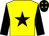 Yellow, black star, black sleeves, black cap, yellow stars