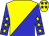 Yellow and blue halved diagonally, blue sleeves, yellow stars, yellow cap, blue stars