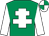 Emerald green, white cross of lorraine, white sleeves, quartered cap