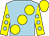 Light blue, large yellow spots, yellow sleeves, light blue spots, yellow cap