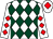 white, dark green diamonds, white sleeves, red diamonds, white cap, red diamond