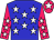 Blue body, white stars, rose arms, white stars, rose cap, white star