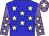 Blue body, white stars, mauve arms, white stars, mauve cap, white star